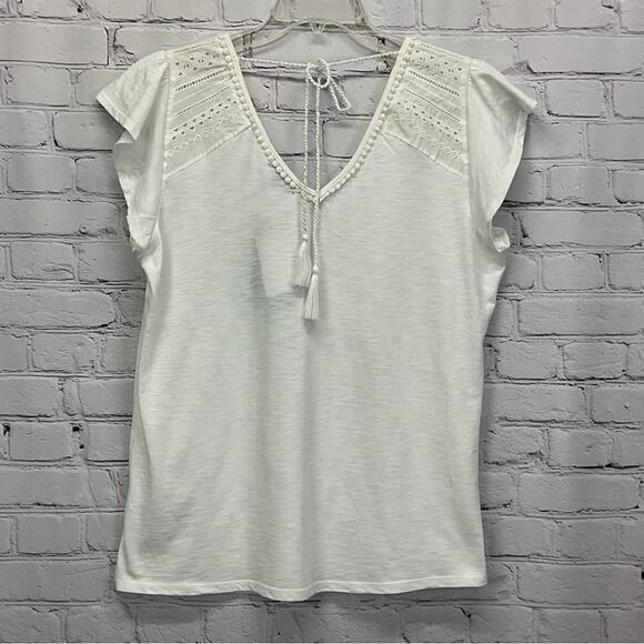 Democracy Boho Top Women's Size L Cream Eyelet Accent Coastal Back Tassel Tie - Picture 10 of 10